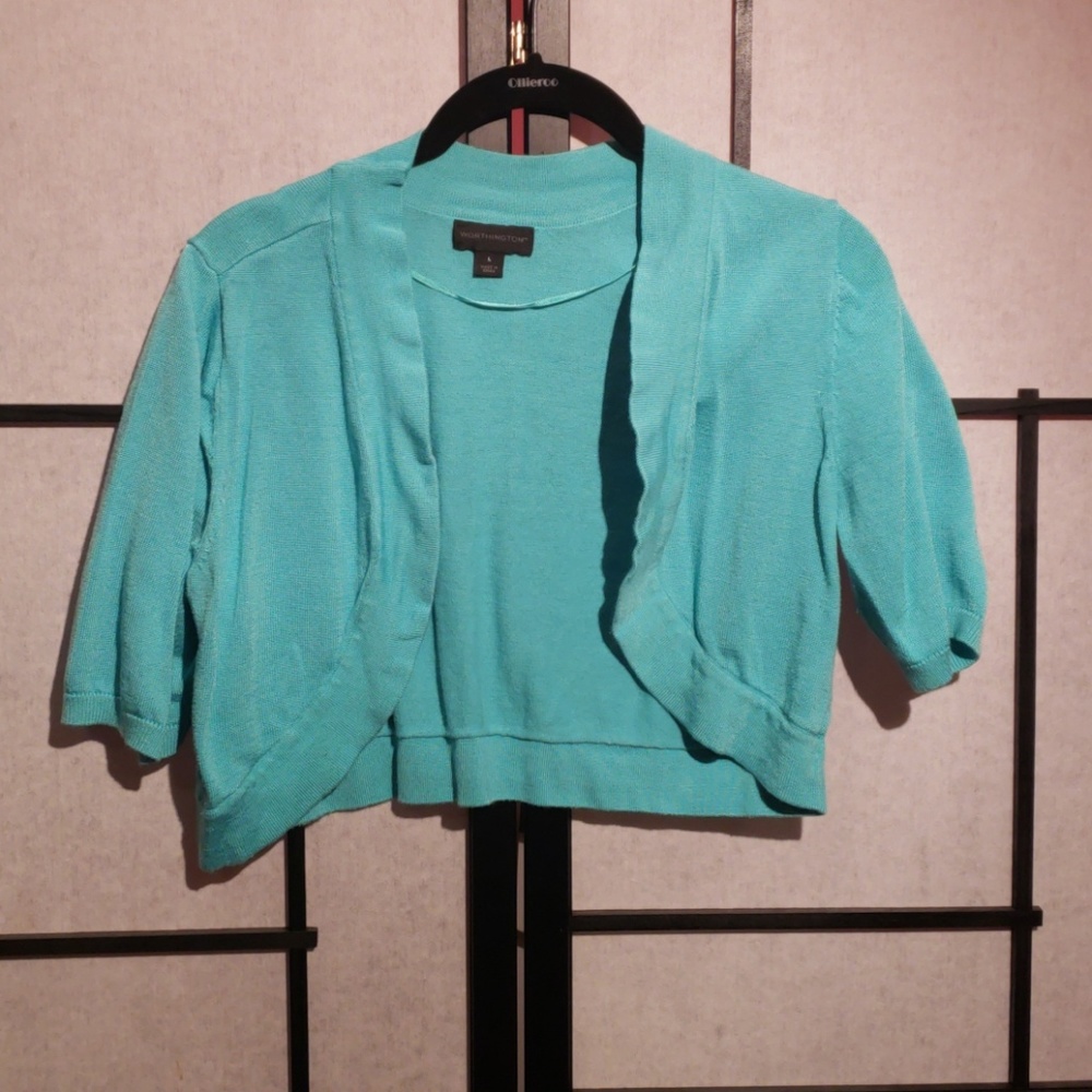 Teal pretty blue cropped short sleeve cardigan